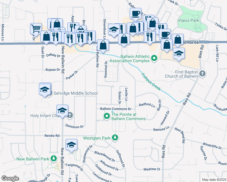 map of restaurants, bars, coffee shops, grocery stores, and more near 228 Saint Marys Drive in Ballwin