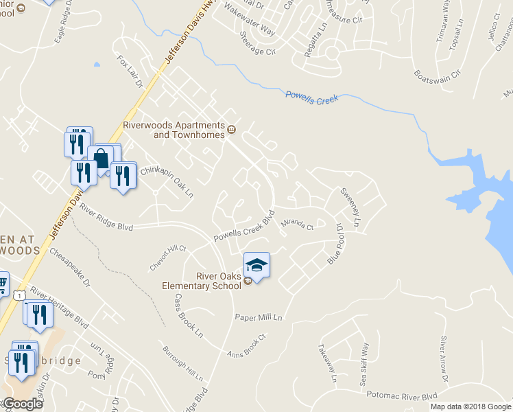 map of restaurants, bars, coffee shops, grocery stores, and more near 16828 Capon Tree Lane in Woodbridge