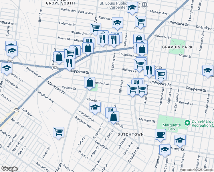 map of restaurants, bars, coffee shops, grocery stores, and more near 3756 Dunnica Avenue in St. Louis