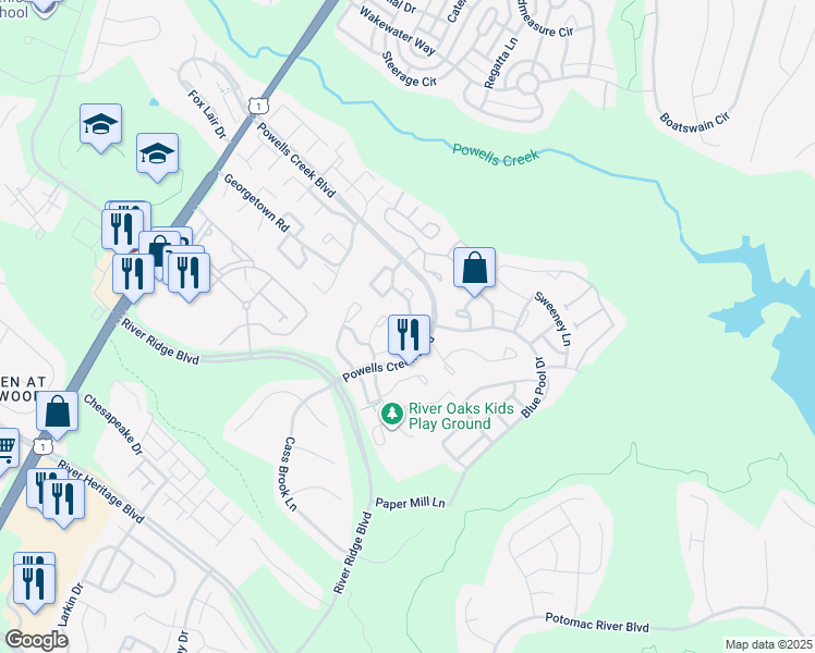 map of restaurants, bars, coffee shops, grocery stores, and more near 16828 Capon Tree Lane in Woodbridge