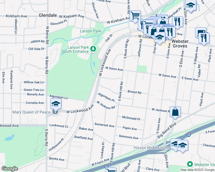 map of restaurants, bars, coffee shops, grocery stores, and more near 445 Woodlawn Avenue in Webster Groves