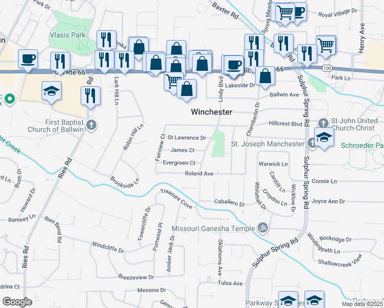 map of restaurants, bars, coffee shops, grocery stores, and more near 48 James Court in Ballwin