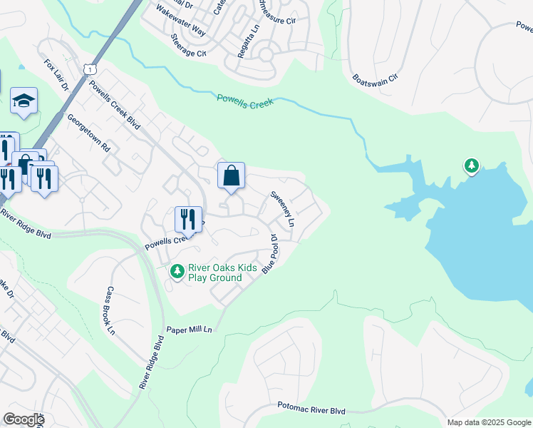 map of restaurants, bars, coffee shops, grocery stores, and more near 16732 Sweeney Lane in Woodbridge