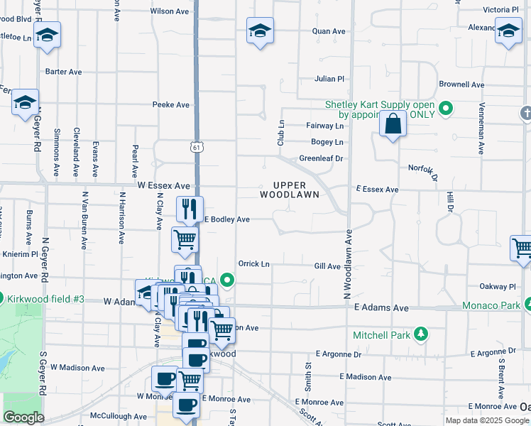 map of restaurants, bars, coffee shops, grocery stores, and more near 221 East Bodley Avenue in Kirkwood