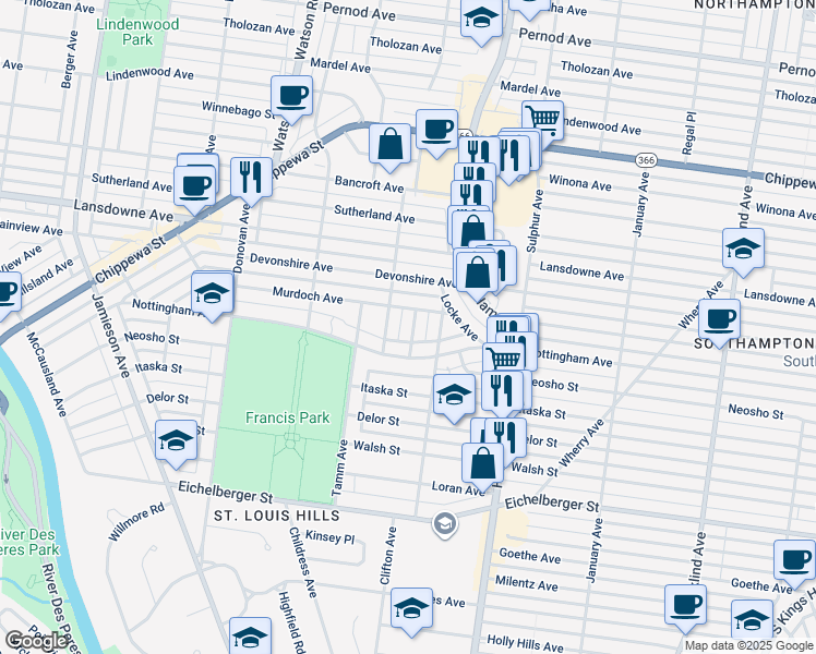 map of restaurants, bars, coffee shops, grocery stores, and more near 4717 Vienna Avenue in St. Louis