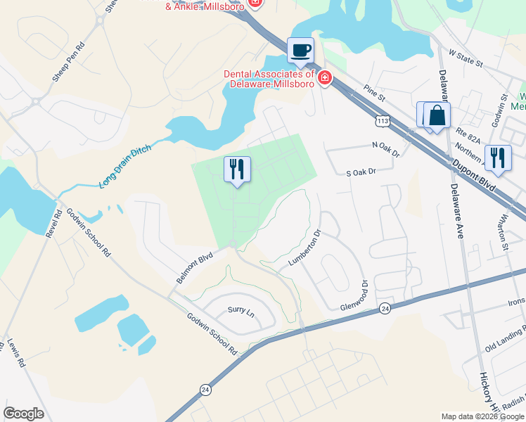 map of restaurants, bars, coffee shops, grocery stores, and more near 27668 Belmont Boulevard in Millsboro