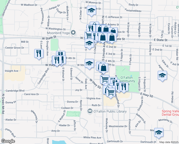 map of restaurants, bars, coffee shops, grocery stores, and more near 505 South Cherry Street in O'Fallon