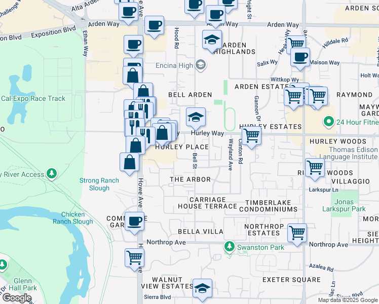 map of restaurants, bars, coffee shops, grocery stores, and more near 1225 Bell Street in Sacramento