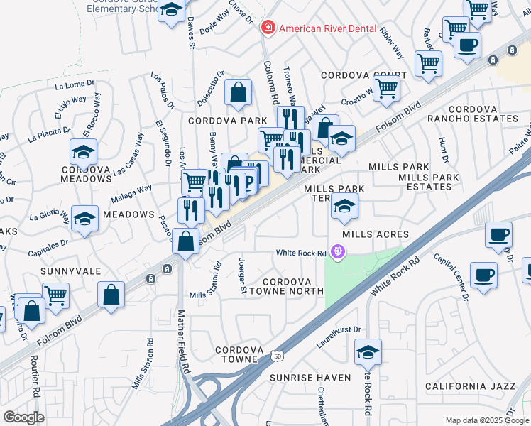 map of restaurants, bars, coffee shops, grocery stores, and more near 10361 Mills Tower Drive in Rancho Cordova
