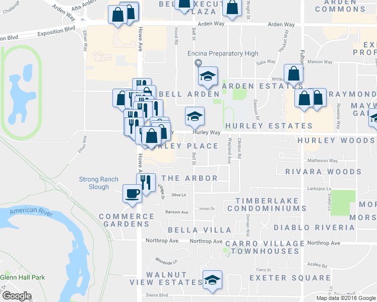 map of restaurants, bars, coffee shops, grocery stores, and more near in Sacramento