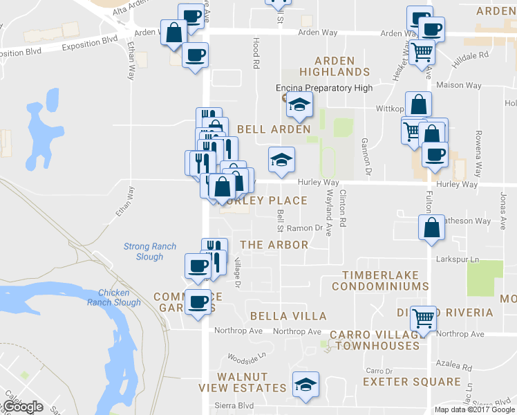 map of restaurants, bars, coffee shops, grocery stores, and more near in Sacramento