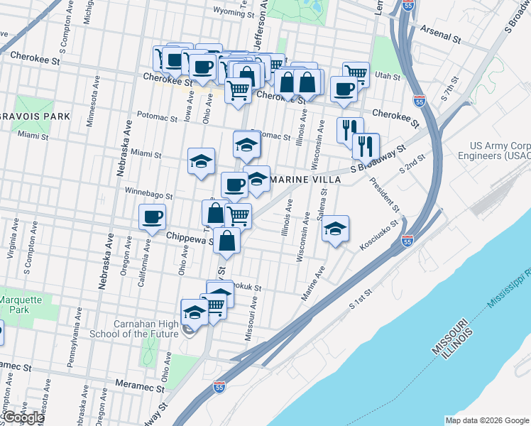 map of restaurants, bars, coffee shops, grocery stores, and more near 3712 South Broadway in St. Louis