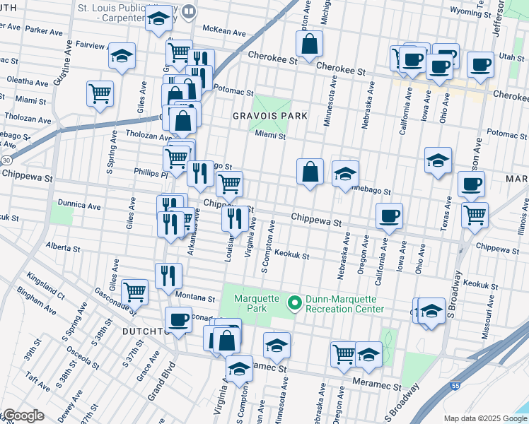map of restaurants, bars, coffee shops, grocery stores, and more near 3200 Chippewa Street in St. Louis