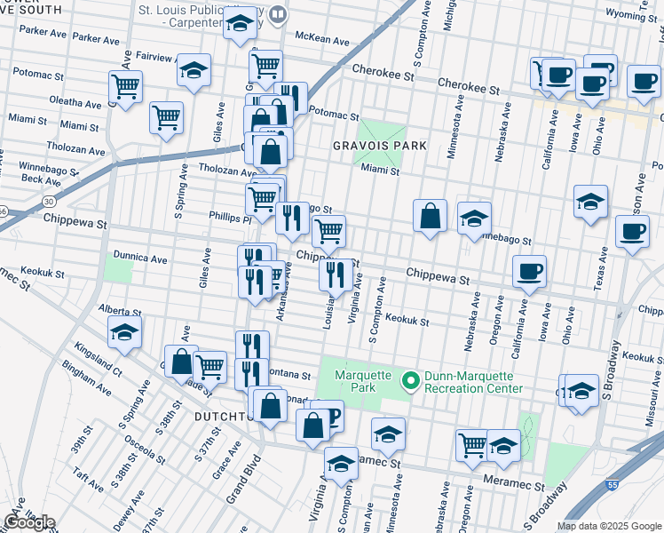map of restaurants, bars, coffee shops, grocery stores, and more near 3420 Chippewa Street in St. Louis