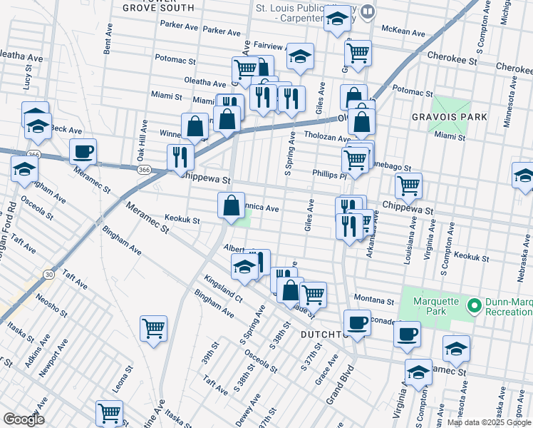 map of restaurants, bars, coffee shops, grocery stores, and more near 3754 Dunnica Avenue in St. Louis