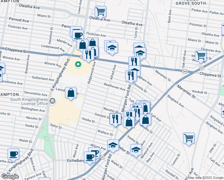 map of restaurants, bars, coffee shops, grocery stores, and more near 4344 Beethoven Avenue in St. Louis