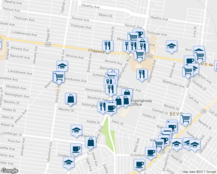 map of restaurants, bars, coffee shops, grocery stores, and more near in St. Louis