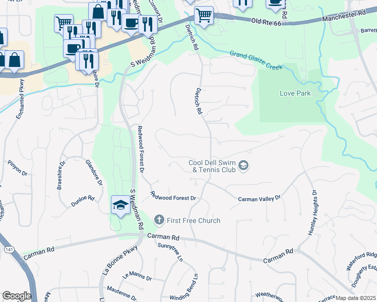 map of restaurants, bars, coffee shops, grocery stores, and more near 1310 Dietrich Oaks Drive in Ballwin
