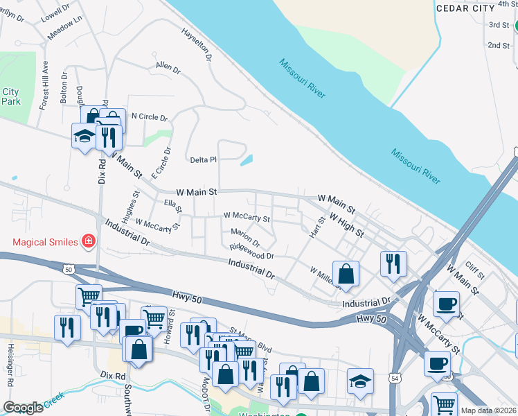 map of restaurants, bars, coffee shops, grocery stores, and more near 1604 West McCarty Street in Jefferson City