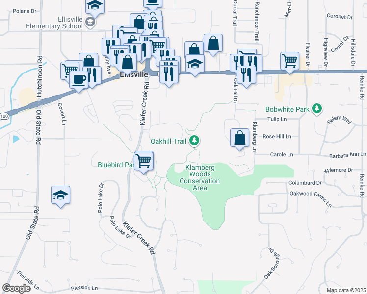 map of restaurants, bars, coffee shops, grocery stores, and more near 213 Carmel Woods Drive in Ellisville