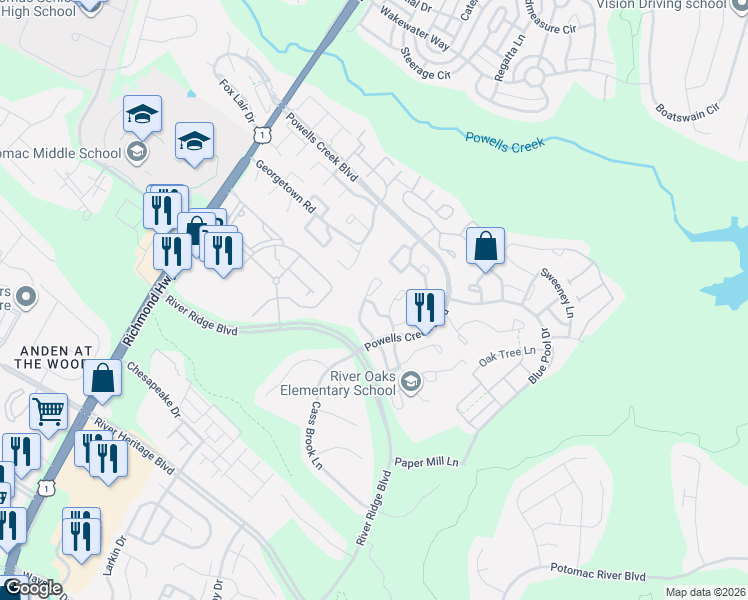 map of restaurants, bars, coffee shops, grocery stores, and more near 16877 Jed Forest Lane in Woodbridge