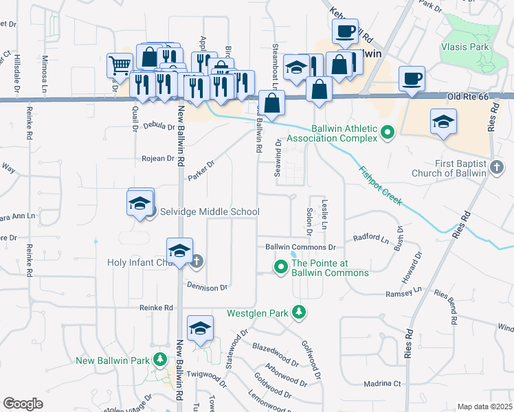 map of restaurants, bars, coffee shops, grocery stores, and more near 230 Old Ballwin Road in Ballwin