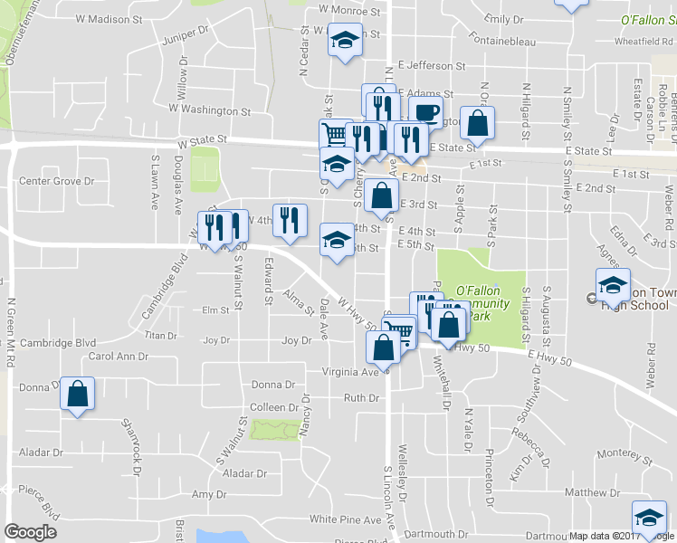 map of restaurants, bars, coffee shops, grocery stores, and more near 505 South Cherry Street in O'Fallon