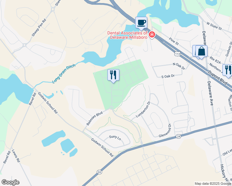 map of restaurants, bars, coffee shops, grocery stores, and more near 20579 Overman Way in Millsboro