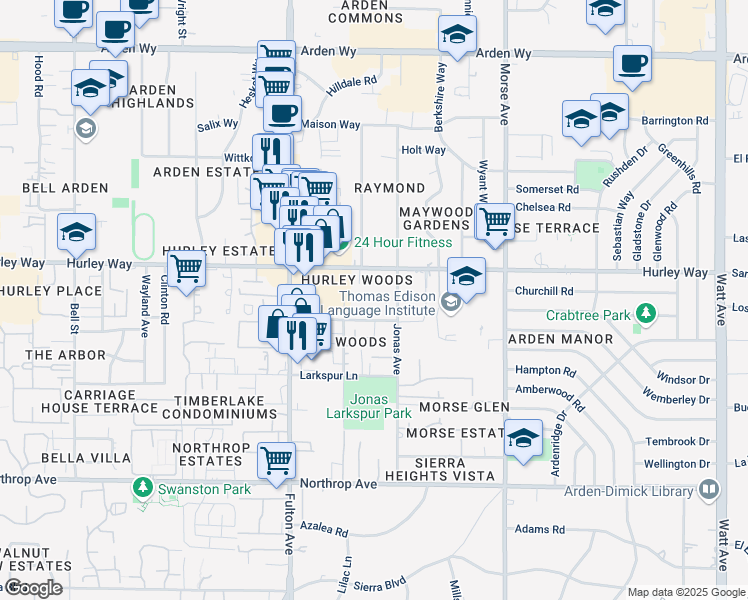 map of restaurants, bars, coffee shops, grocery stores, and more near 1214 Franmor Court in Sacramento
