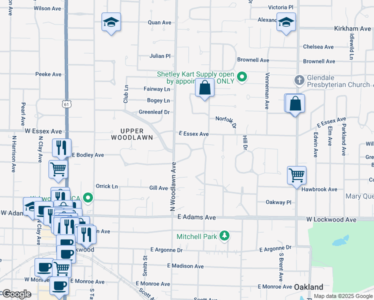 map of restaurants, bars, coffee shops, grocery stores, and more near 527 South Crescent Drive in Kirkwood
