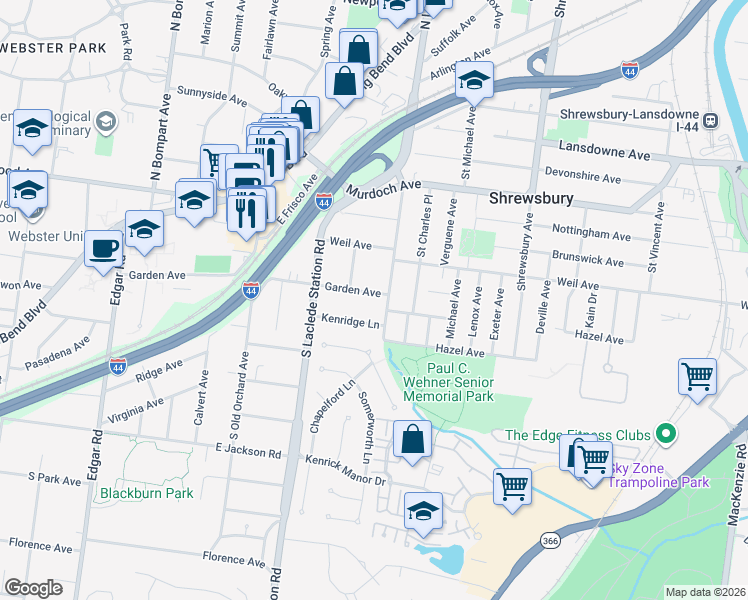map of restaurants, bars, coffee shops, grocery stores, and more near 7806 Garden Avenue in St. Louis