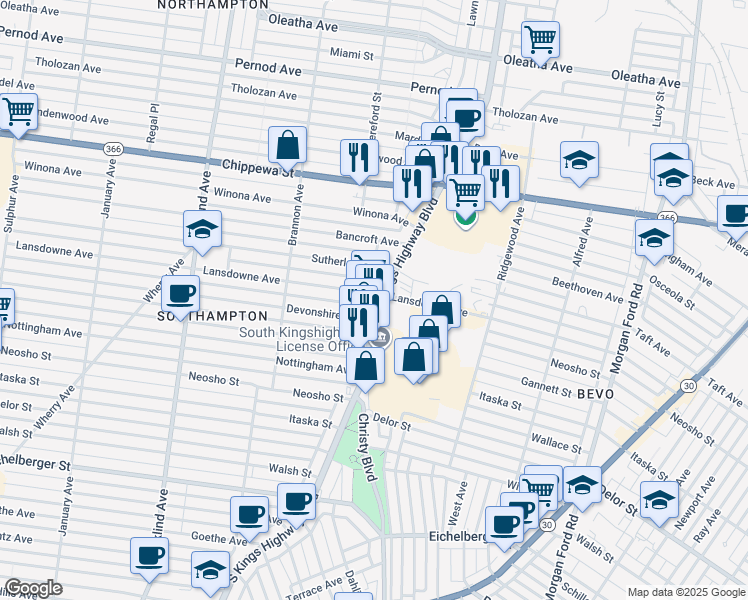 map of restaurants, bars, coffee shops, grocery stores, and more near 4505 South Kingshighway Boulevard in St. Louis