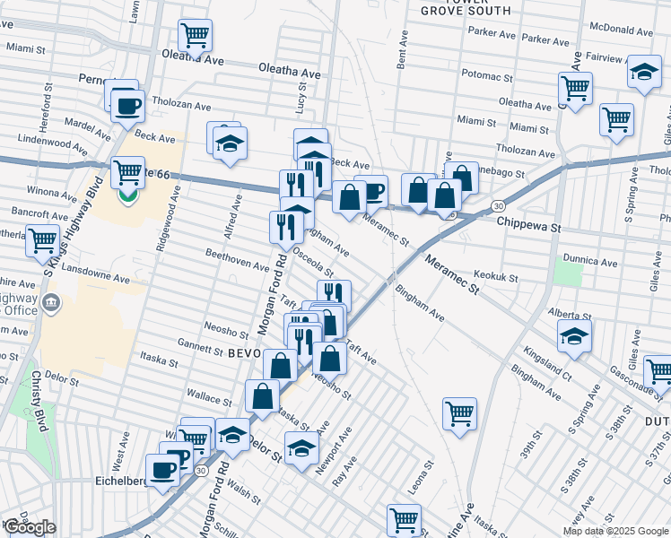 map of restaurants, bars, coffee shops, grocery stores, and more near 4161 Osceola Street in St. Louis