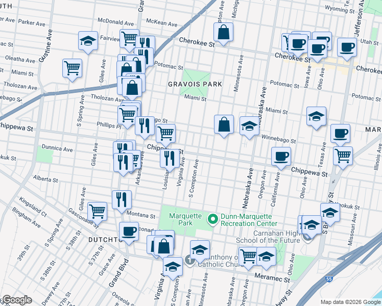 map of restaurants, bars, coffee shops, grocery stores, and more near 3200 Chippewa Street in St. Louis