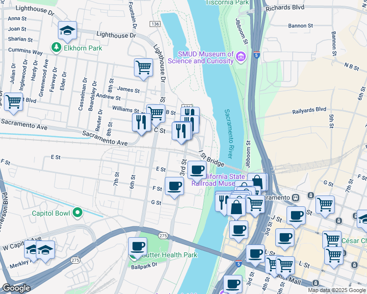 map of restaurants, bars, coffee shops, grocery stores, and more near 328 3rd Street in West Sacramento