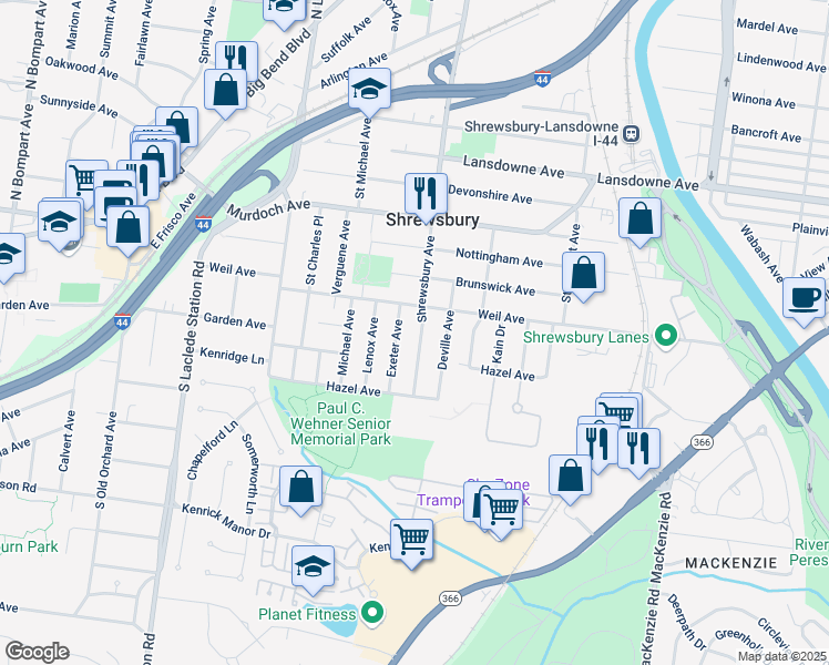 map of restaurants, bars, coffee shops, grocery stores, and more near 5015 Shrewsbury Avenue in St. Louis