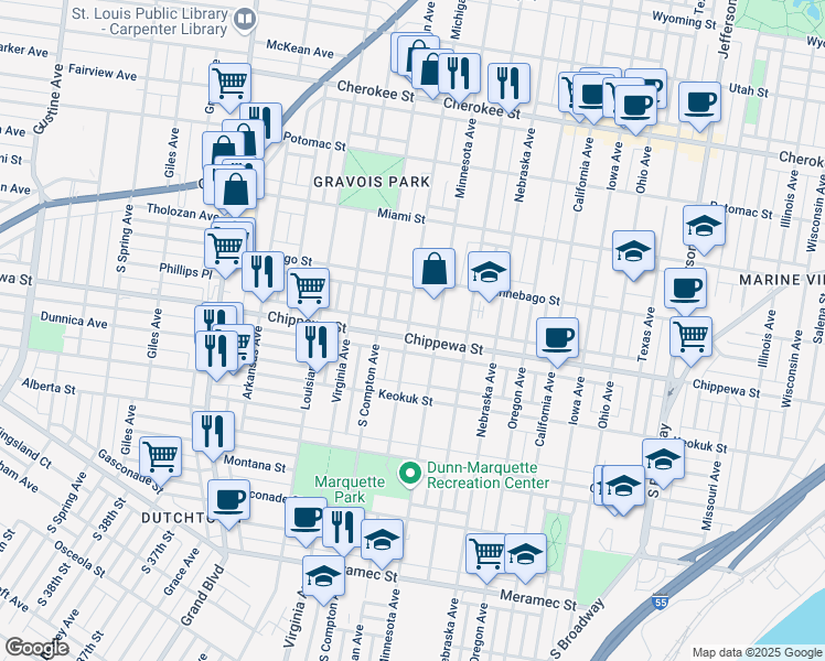 map of restaurants, bars, coffee shops, grocery stores, and more near 3125 Chippewa Street in St. Louis