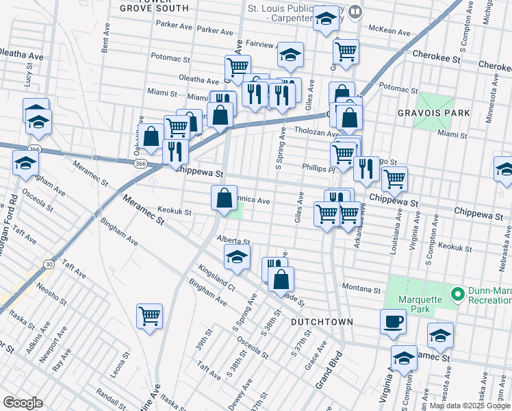 map of restaurants, bars, coffee shops, grocery stores, and more near 3848 Bamberger Avenue in St. Louis