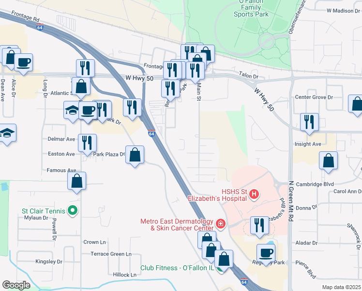 map of restaurants, bars, coffee shops, grocery stores, and more near 148 Regency Park in O'Fallon