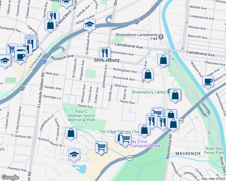 map of restaurants, bars, coffee shops, grocery stores, and more near 5015 Deville Avenue in St. Louis