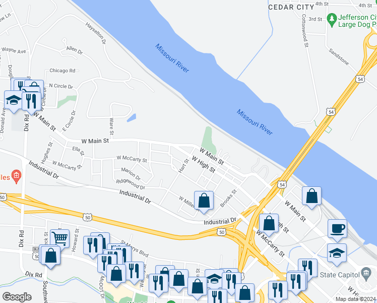 map of restaurants, bars, coffee shops, grocery stores, and more near 206 Hart Street in Jefferson City
