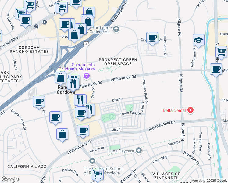map of restaurants, bars, coffee shops, grocery stores, and more near 10929 Disk Drive in Rancho Cordova