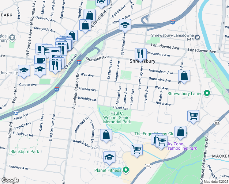 map of restaurants, bars, coffee shops, grocery stores, and more near 7706 Garden Avenue in St. Louis
