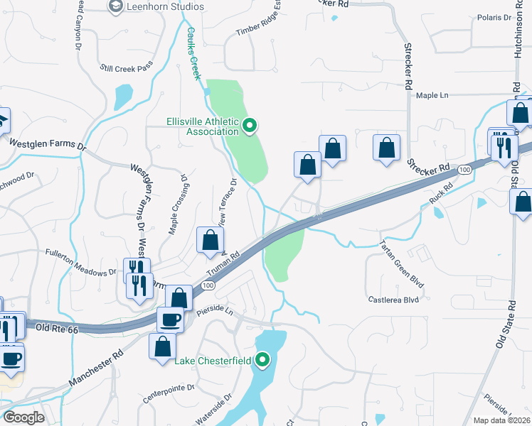 map of restaurants, bars, coffee shops, grocery stores, and more near 16318 Truman Road in Ellisville