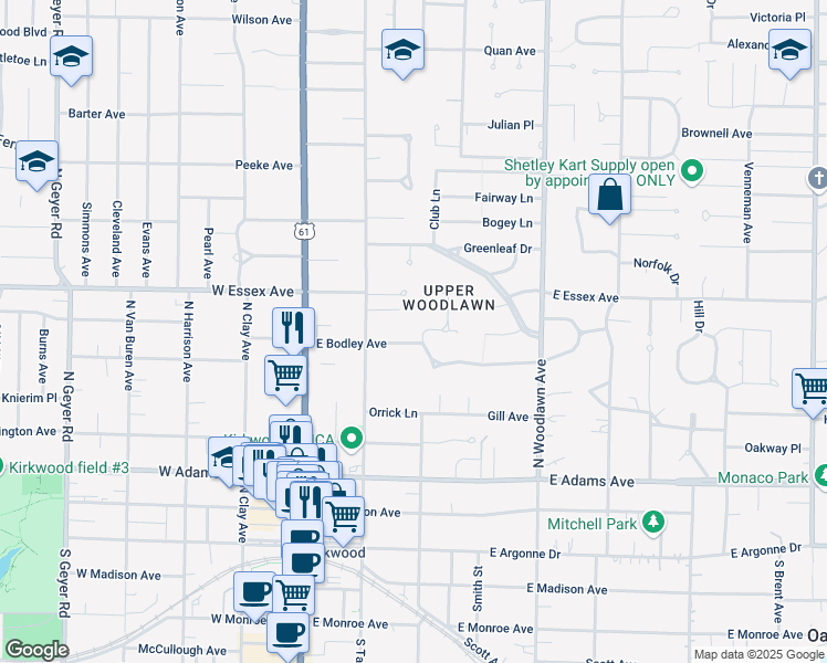 map of restaurants, bars, coffee shops, grocery stores, and more near 221 East Bodley Avenue in Kirkwood