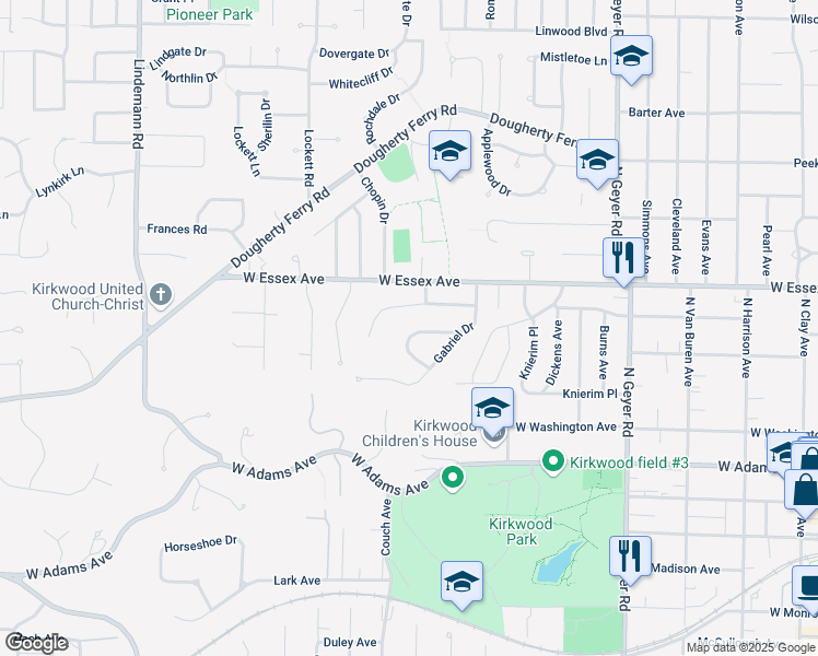 map of restaurants, bars, coffee shops, grocery stores, and more near 765 Gabriel Court in Kirkwood