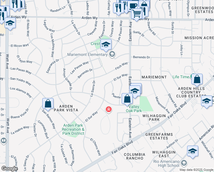 map of restaurants, bars, coffee shops, grocery stores, and more near 1220 El Sur Way in Sacramento