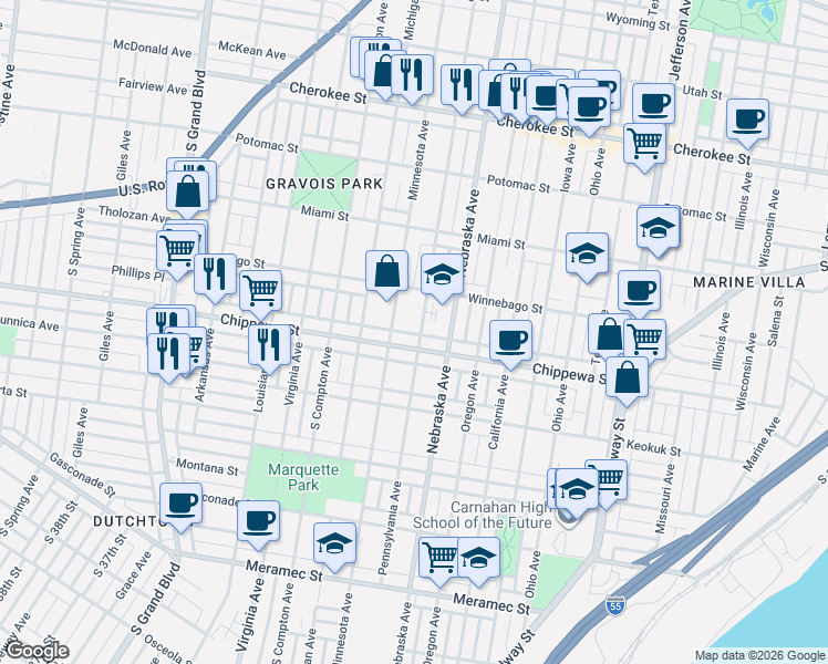 map of restaurants, bars, coffee shops, grocery stores, and more near 3017 Chippewa Street in St. Louis