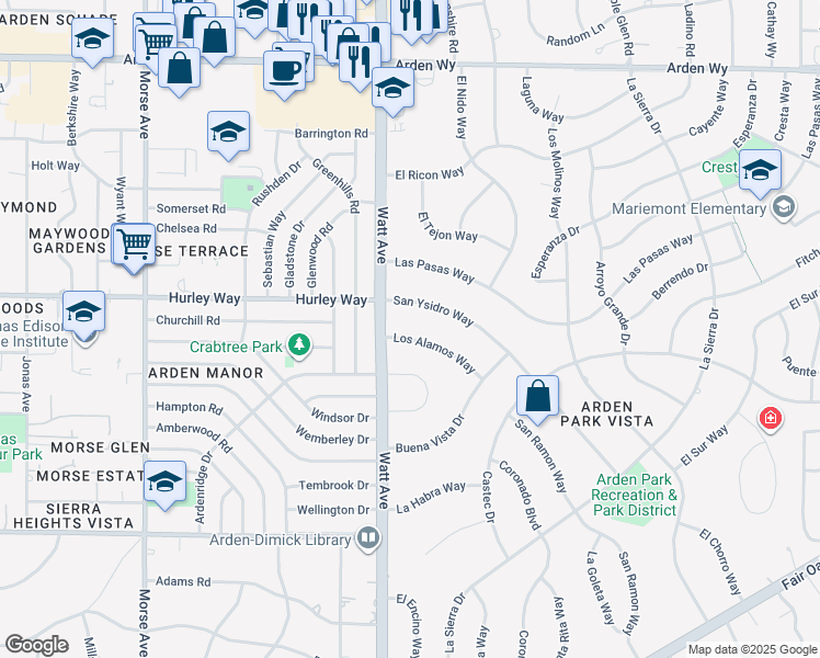 map of restaurants, bars, coffee shops, grocery stores, and more near 3531 Los Alamos Way in Sacramento