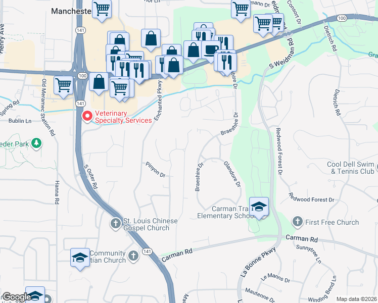 map of restaurants, bars, coffee shops, grocery stores, and more near 306 Glyn Cagny Road in Ballwin